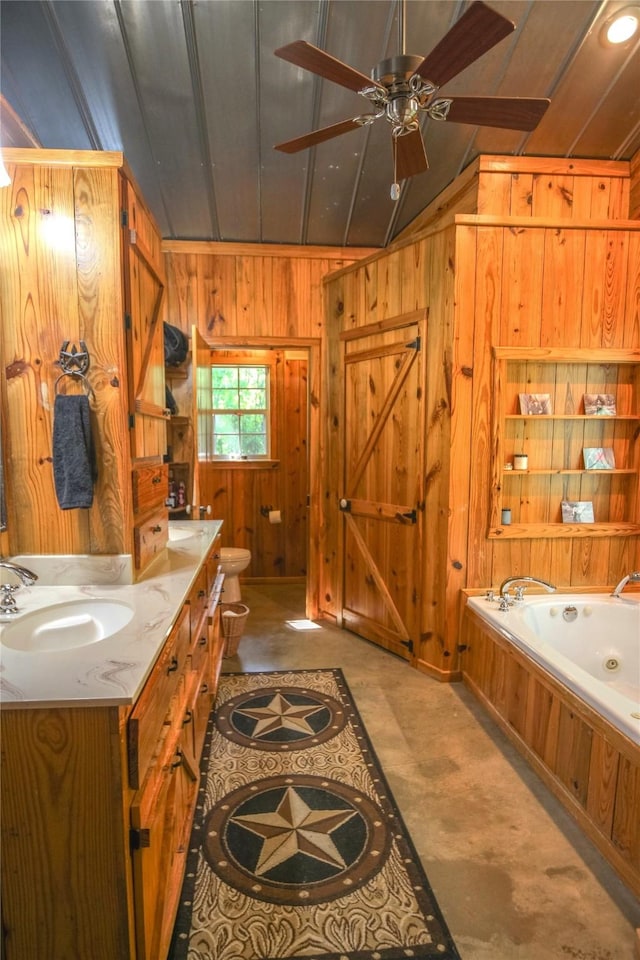 14615 County Road 2337, Tyler, TX 75707 - bathroom featuring vaulted ceiling, a tub with jets, a sink, wooden walls, and wooden ceiling
