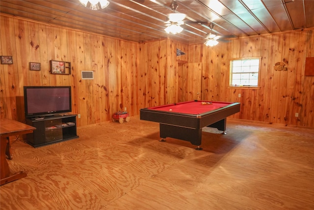 14615 County Road 2337, Tyler, TX 75707 - game room with wooden walls, visible vents, pool table, and ceiling fan