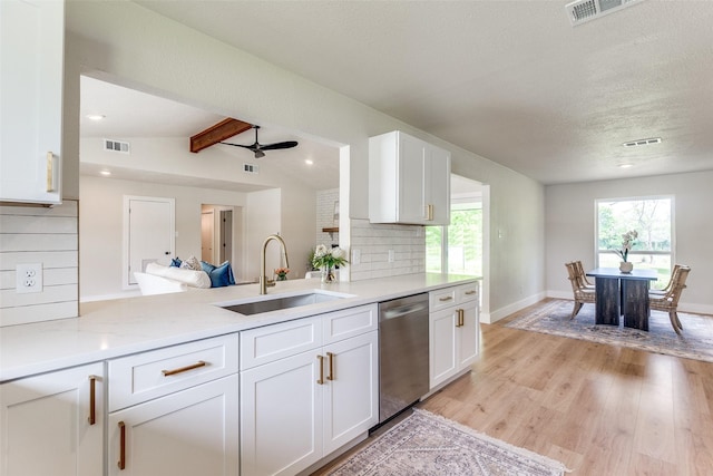 kitchen featuring dishwasher, visible vents, white cabinetry, and a sink