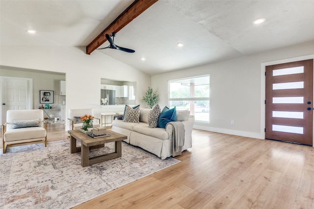living area with recessed lighting, light wood-type flooring, and lofted ceiling with beams