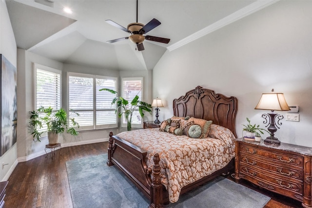 bedroom with vaulted ceiling, baseboards, a ceiling fan, wood finished floors, and ornamental molding