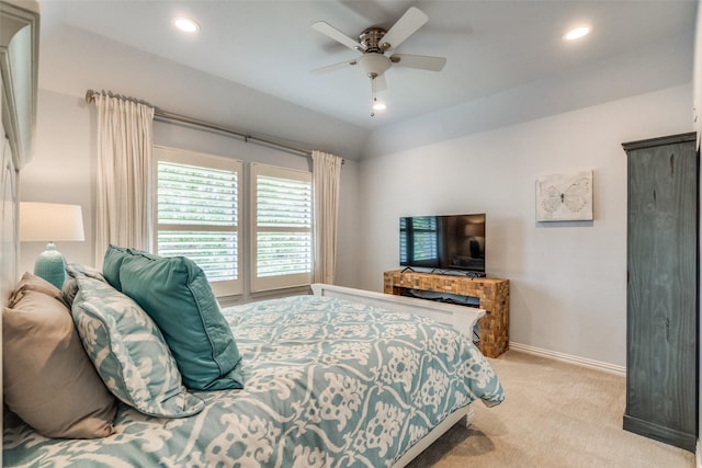 bedroom with a ceiling fan, baseboards, recessed lighting, and light colored carpet