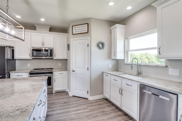kitchen featuring white cabinets, appliances with stainless steel finishes, recessed lighting, and a sink