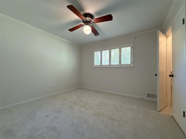 11147 Carissa Dr, Dallas, TX 75218 - unfurnished room featuring a ceiling fan, light carpet, ornamental molding, and visible vents