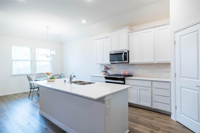 2712 Cain Dr, Anna, TX 75409 - kitchen featuring a kitchen island with sink, a sink, tasteful backsplash, wood finished floors, and appliances with stainless steel finishes