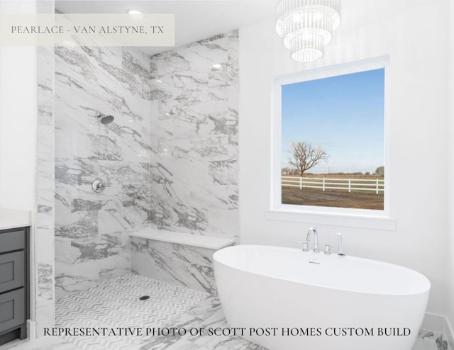 TBDLOT2 Jolene Ct, Van Alstyne, TX 75495 - full bath with marble finish floor, vanity, a marble finish shower, a freestanding tub, and a notable chandelier