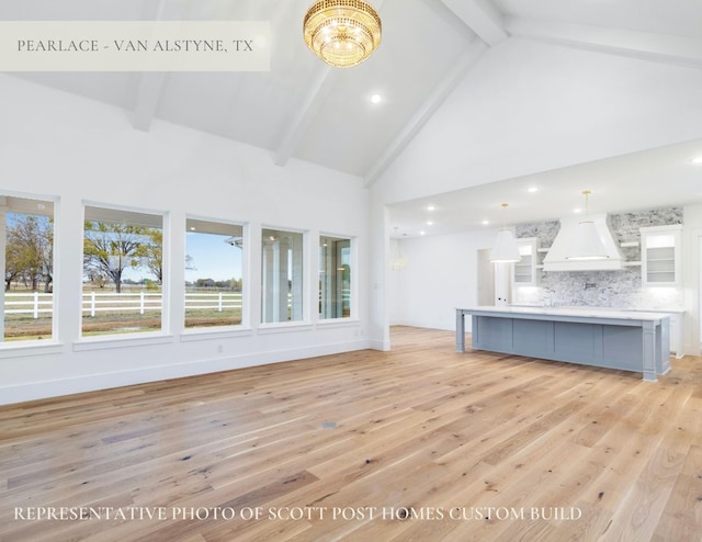 TBDLOT2 Jolene Ct, Van Alstyne, TX 75495 - unfurnished living room with beam ceiling, light wood-type flooring, recessed lighting, a notable chandelier, and high vaulted ceiling