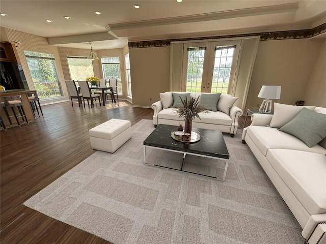 living area featuring baseboards, french doors, wood finished floors, and recessed lighting