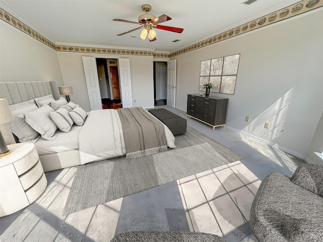 carpeted bedroom with a ceiling fan, baseboards, crown molding, and visible vents