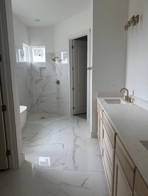 117 Mustang Springs Cir, Sunset, TX 76270 - bathroom featuring a marble finish shower, marble finish floors, and double vanity