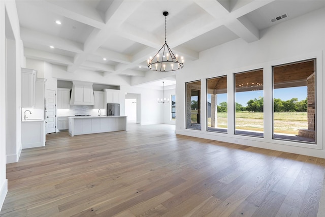 TBDLOT4 Durning Rd, Van Alstyne, TX 75495 - unfurnished living room with coffered ceiling, a notable chandelier, light wood finished floors, and visible vents