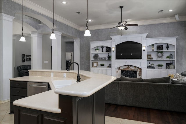 2101 Bois D Arc Dr, Sherman, TX 75092 - kitchen featuring open floor plan, dishwasher, ceiling fan, ornate columns, and crown molding