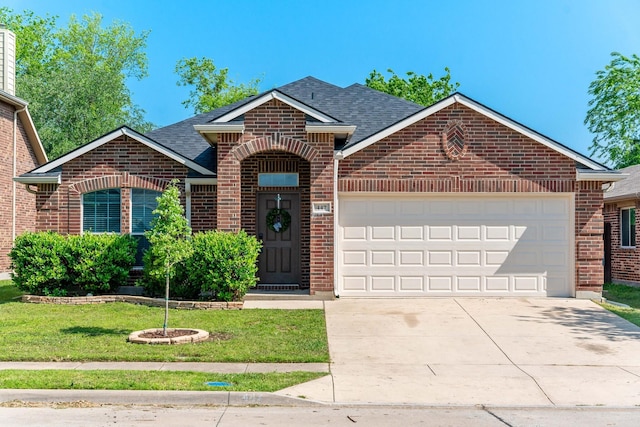 view of front of property featuring concrete driveway, a front lawn, brick siding, and a garage