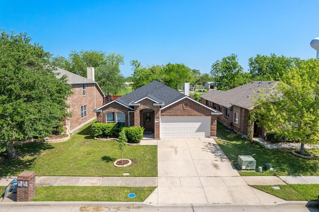 view of front of house featuring roof with shingles, an attached garage, driveway, brick siding, and a front yard