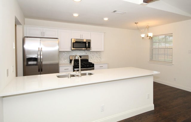 kitchen with stainless steel appliances, dark wood-style floors, tasteful backsplash, visible vents, and white cabinetry