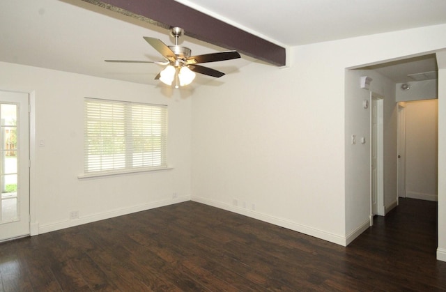 unfurnished room with beamed ceiling, wood finished floors, a ceiling fan, and baseboards