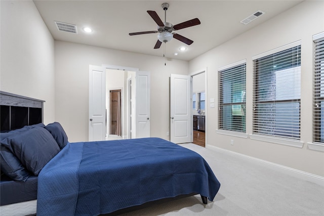 7305 Caladium Dr, Mckinney, TX 75070 - carpeted bedroom featuring baseboards, recessed lighting, connected bathroom, and ceiling fan