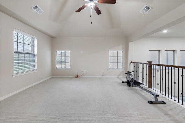 7305 Caladium Dr, Mckinney, TX 75070 - unfurnished room with a ceiling fan, light colored carpet, baseboards, and vaulted ceiling