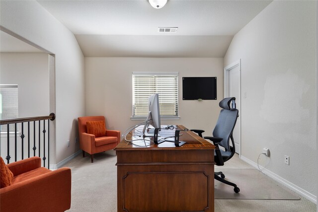 7305 Caladium Dr, Mckinney, TX 75070 - office area with light colored carpet, lofted ceiling, and baseboards