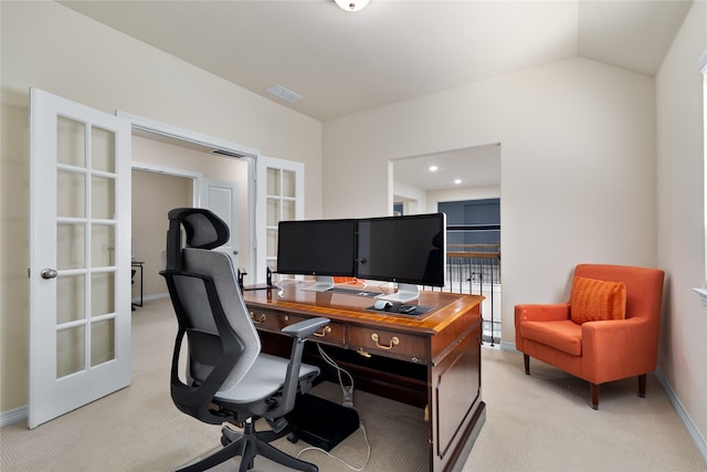 7305 Caladium Dr, Mckinney, TX 75070 - office space with french doors, light carpet, baseboards, and lofted ceiling