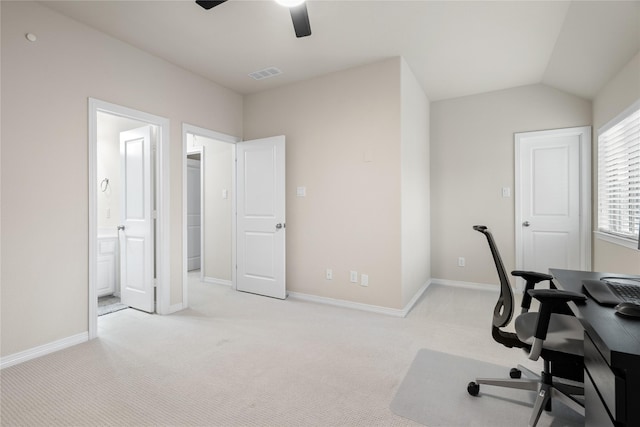 7305 Caladium Dr, Mckinney, TX 75070 - home office featuring light carpet, a ceiling fan, baseboards, and lofted ceiling
