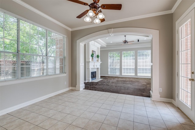 1809 Cotton Mill Dr, Mckinney, TX 75072 - unfurnished living room featuring light tile patterned flooring, plenty of natural light, a ceiling fan, and light colored carpet