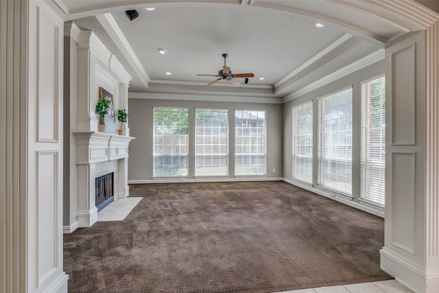 1809 Cotton Mill Dr, Mckinney, TX 75072 - unfurnished living room with ornamental molding, a ceiling fan, carpet flooring, and a fireplace