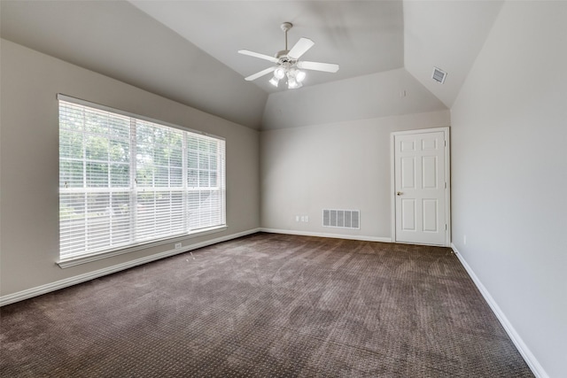 1809 Cotton Mill Dr, Mckinney, TX 75072 - carpeted empty room featuring vaulted ceiling, visible vents, a ceiling fan, and baseboards