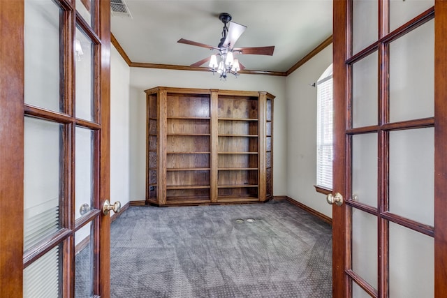 1809 Cotton Mill Dr, Mckinney, TX 75072 - carpeted empty room featuring visible vents, crown molding, ceiling fan, and french doors