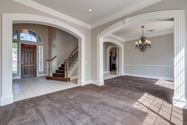 1809 Cotton Mill Dr, Mckinney, TX 75072 - foyer entrance with stairs, arched walkways, an inviting chandelier, carpet floors, and visible vents