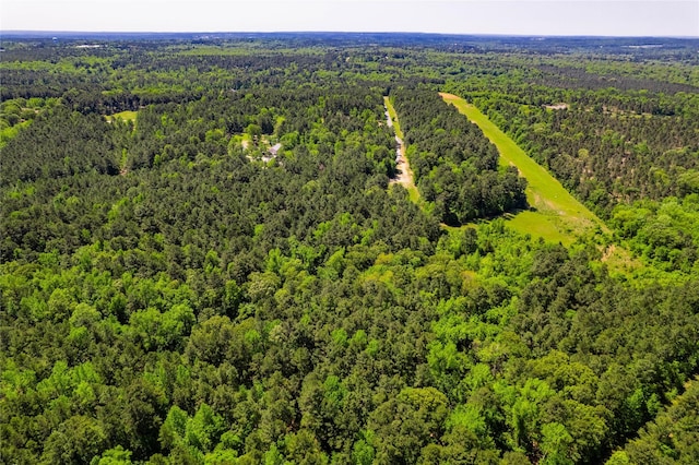bird's eye view with a wooded view