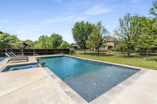 view of pool featuring a yard, a fenced in pool, a patio area, and a fenced backyard