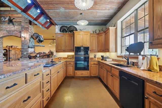 1350 Bennett Rd, Millsap, TX 76066 - kitchen featuring wood ceiling, black appliances, finished concrete floors, and a sink