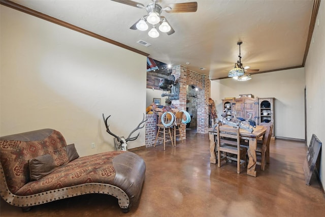 1350 Bennett Rd, Millsap, TX 76066 - dining room featuring visible vents, concrete floors, ceiling fan, and crown molding