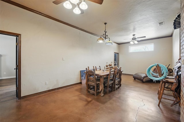 1350 Bennett Rd, Millsap, TX 76066 - dining room with baseboards, visible vents, finished concrete floors, ceiling fan, and ornamental molding
