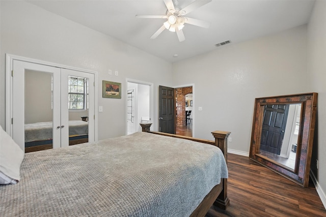 1350 Bennett Rd, Millsap, TX 76066 - bedroom featuring a towering ceiling, visible vents, french doors, dark wood-type flooring, and baseboards