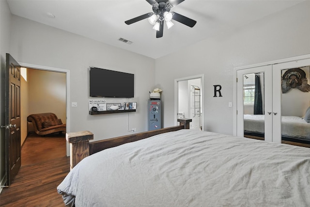 1350 Bennett Rd, Millsap, TX 76066 - bedroom featuring ceiling fan, french doors, wood finished floors, and visible vents
