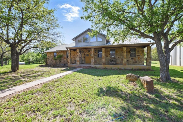 1350 Bennett Rd, Millsap, TX 76066 - traditional-style home with a front yard, a porch, stone siding, and metal roof