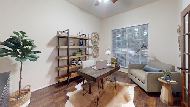home office with baseboards, a ceiling fan, and wood finished floors