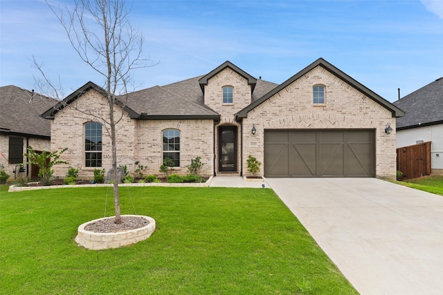 1525 Wild Indigo Dr, Mansfield, TX 76063 - french country inspired facade featuring brick siding, roof with shingles, a front yard, and concrete driveway