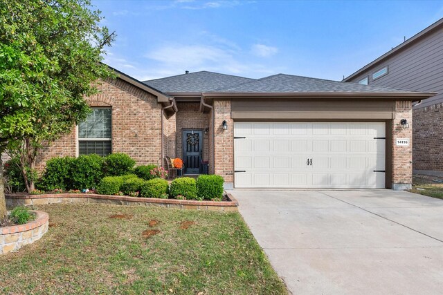 14116 Rabbit Brush Ln, Fort Worth, TX 76052 - view of front of home with roof with shingles, concrete driveway, brick siding, a front yard, and a garage