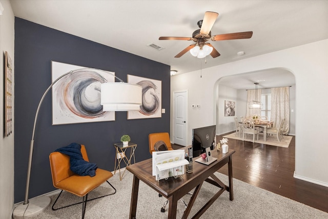 14116 Rabbit Brush Ln, Fort Worth, TX 76052 - office space featuring wood finished floors, visible vents, arched walkways, baseboards, and ceiling fan