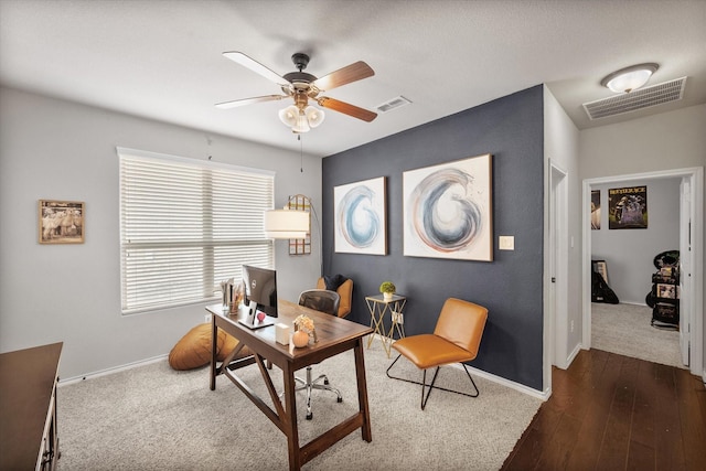 14116 Rabbit Brush Ln, Fort Worth, TX 76052 - office area featuring baseboards, a ceiling fan, visible vents, and dark wood-style floors