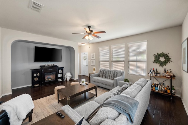 14116 Rabbit Brush Ln, Fort Worth, TX 76052 - living room featuring wood finished floors, visible vents, baseboards, and ceiling fan