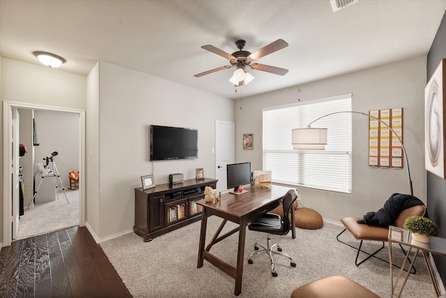 14116 Rabbit Brush Ln, Fort Worth, TX 76052 - office space featuring visible vents, a ceiling fan, baseboards, and wood finished floors