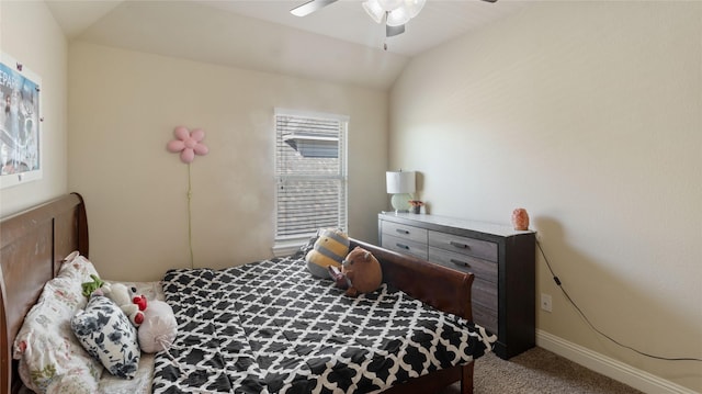 bedroom featuring a ceiling fan, carpet floors, lofted ceiling, and baseboards
