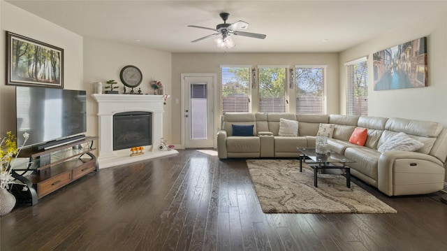 living room with ceiling fan, a healthy amount of sunlight, and dark wood-style floors