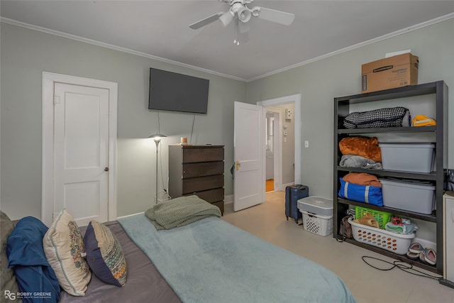 bedroom with ceiling fan and crown molding