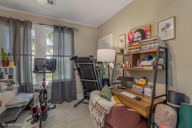 office area featuring crown molding