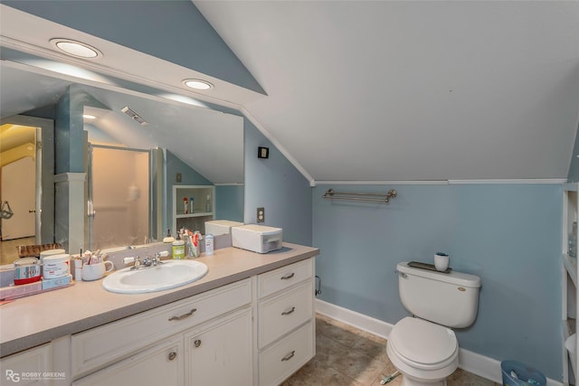 bathroom with vaulted ceiling, vanity, baseboards, toilet, and visible vents